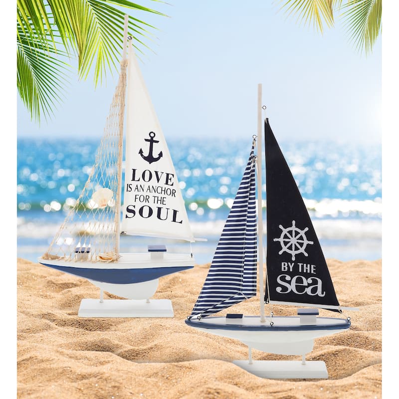 CoTa Global Ocean Blue Sailboat Decor Set of 2 - Handmade Wooden Boat - 22.4 Inch