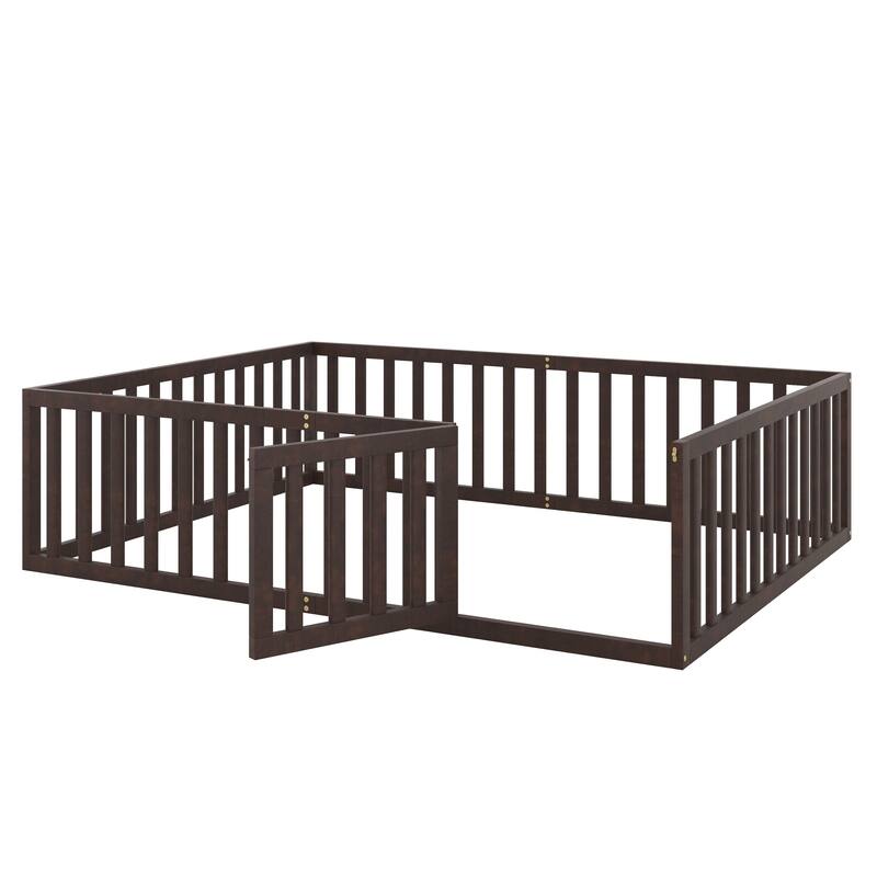 Queen Solid Wood Floor Bed with Fence & Door