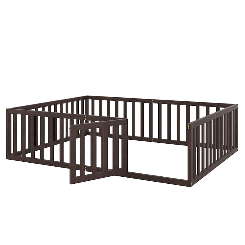 Wood Floor Bed Frame with Fence and Door
