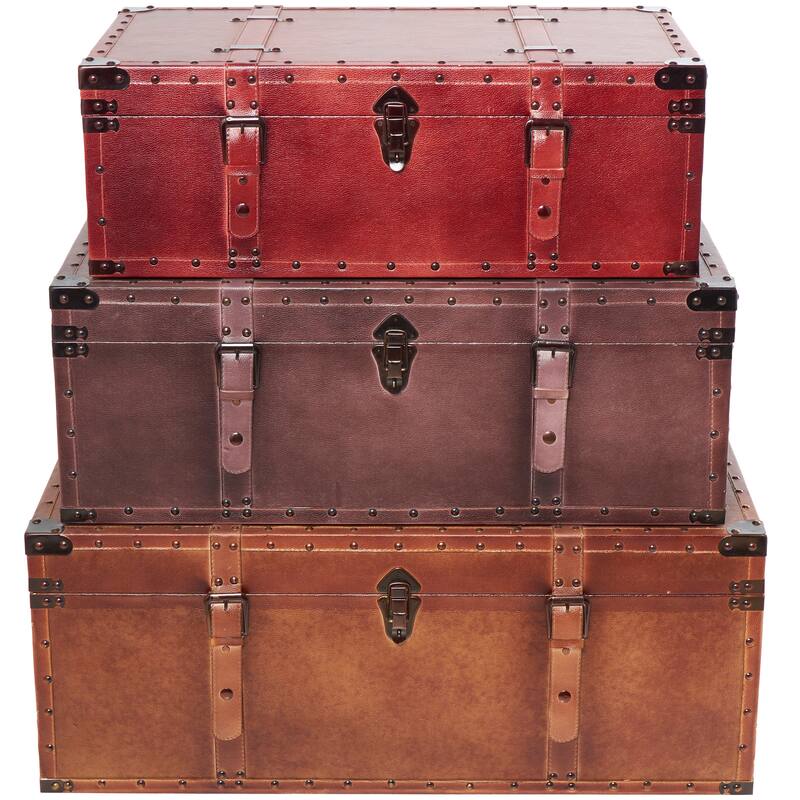 Brown Wood Nesting Upholstered Decorative Trunk with Vintage Accents and Studs (Set of 3)