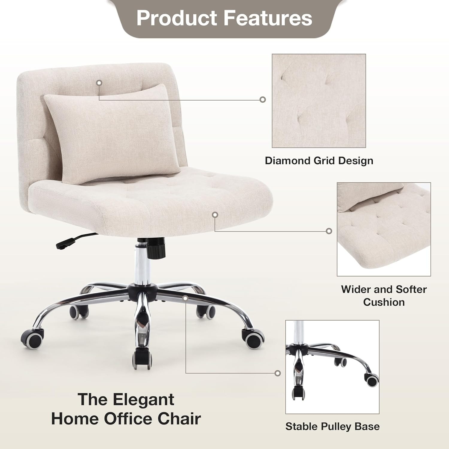 Home Office Chair Vanity Chair with Armless and Adjustable Height and Tilt Ergonomic Chair Executive Chair Swivel Chair,Beige
