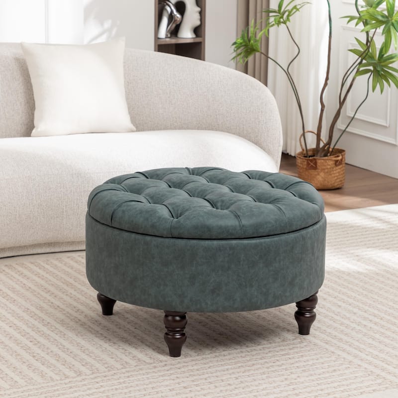 SEYNAR 29.5''Modern PU Leather Round Storage Ottoman with Wood Legs - Navy