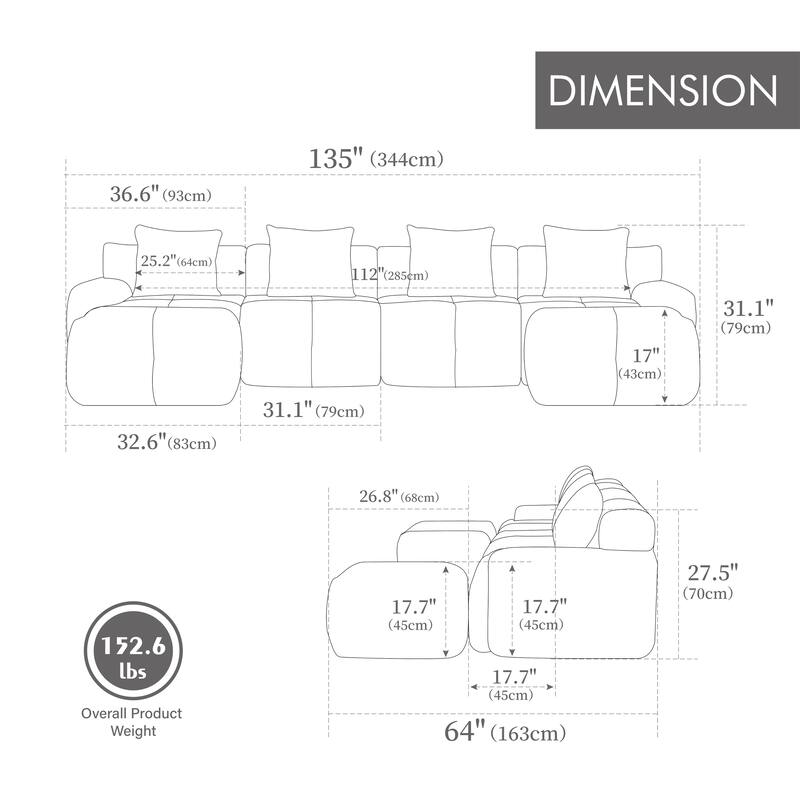 135" U-Shaped Modular Sectional Sofa Bed, Oversized 4-Seater Convertible Tufted Couch, Floor Corner Couch Set with 2 Ottomans