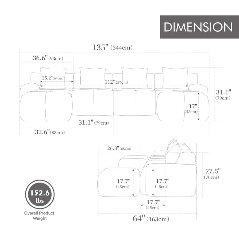 Roomfitters U Shaped Modular Sectional Sofa Bed Chaise, 6-Piece Cloud Tufted Floor Couch with 2 Ottomans and 4 Pillows