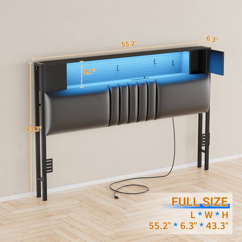 Upholstered Headboard with Storage Shelf and Small Cabinet, Headboard Power Outlet and LED Light