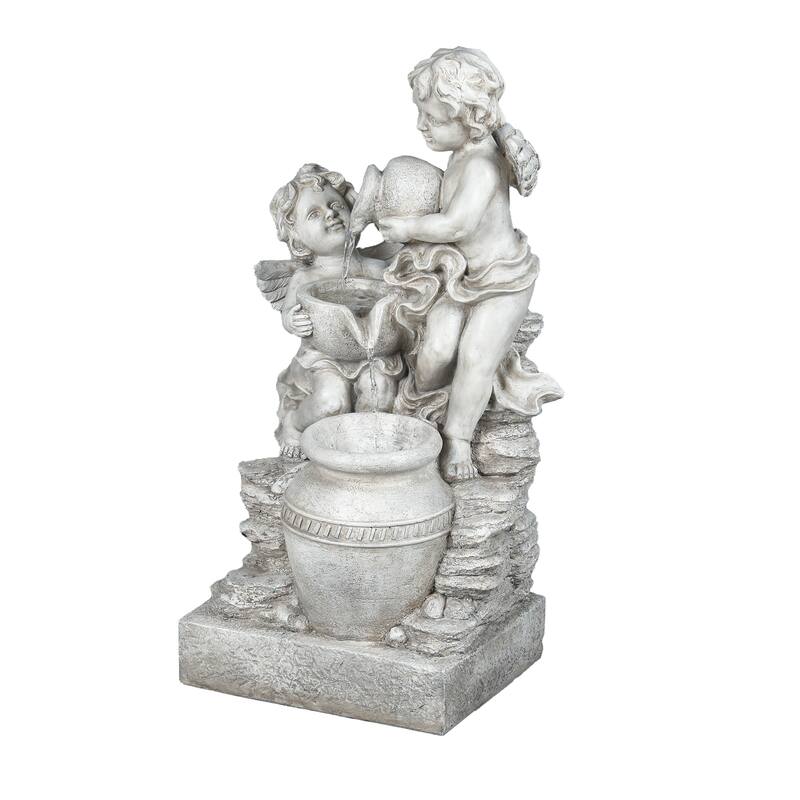Grey Resin Cherub Angel Outdoor Fountain with LED Light