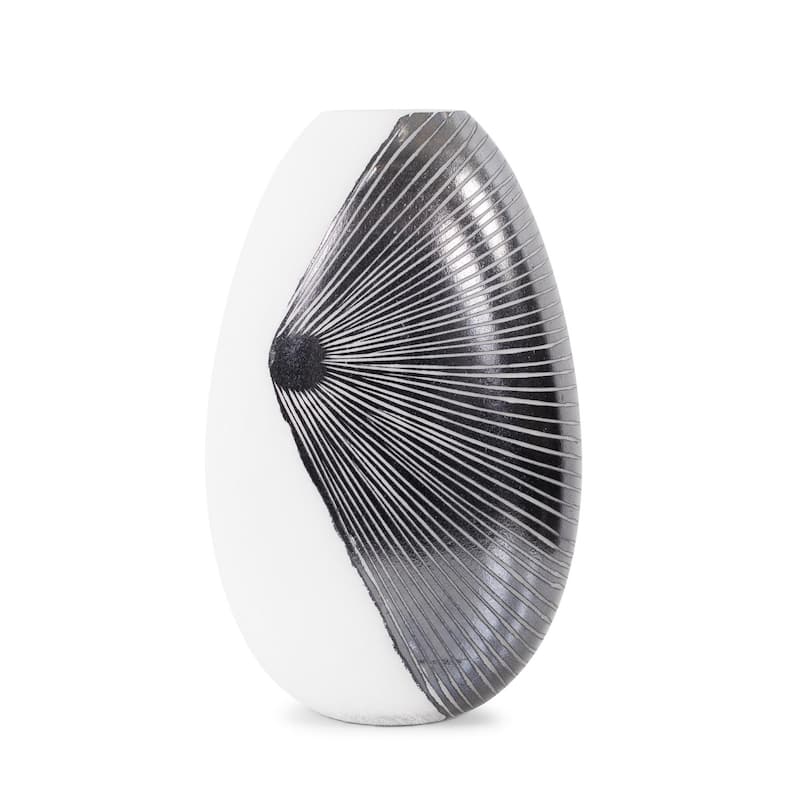 Allan Andrews Contemporary Glossy White Blown Glass Vase with Black Rays