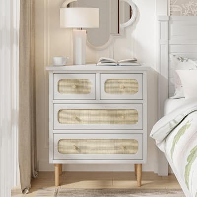 COZAYH Wicker Rattan Chest of Drawers, 4-Drawer Dresser, White Finish Wooden Storage Cabinet, Boho Mid-Century Coastal Sideboard