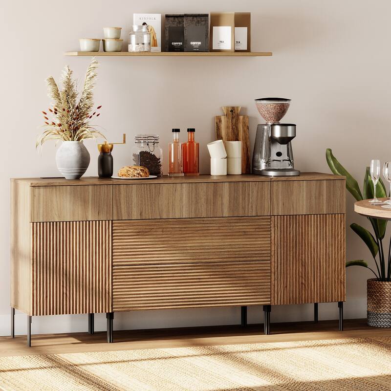 63" Wooden Reeded Sideboard With Built-In Charging Station, 3-In-1 Modern Credenza