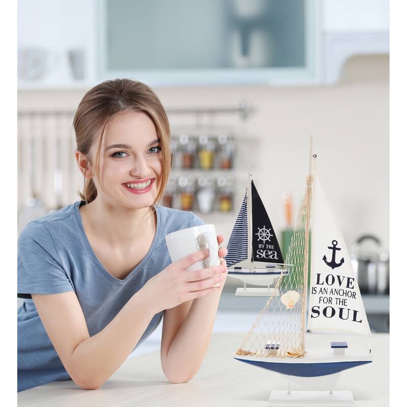 CoTa Global Ocean Blue Sailboat Decor Set of 2 - Handmade Wooden Boat - 22.4 Inch