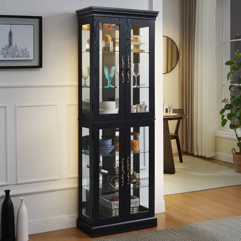 Lighted Glass Curio Display Cabinet with Wood Frame - Elegant Glass Storage for Wine, Toys & Collectibles -Bulb Included
