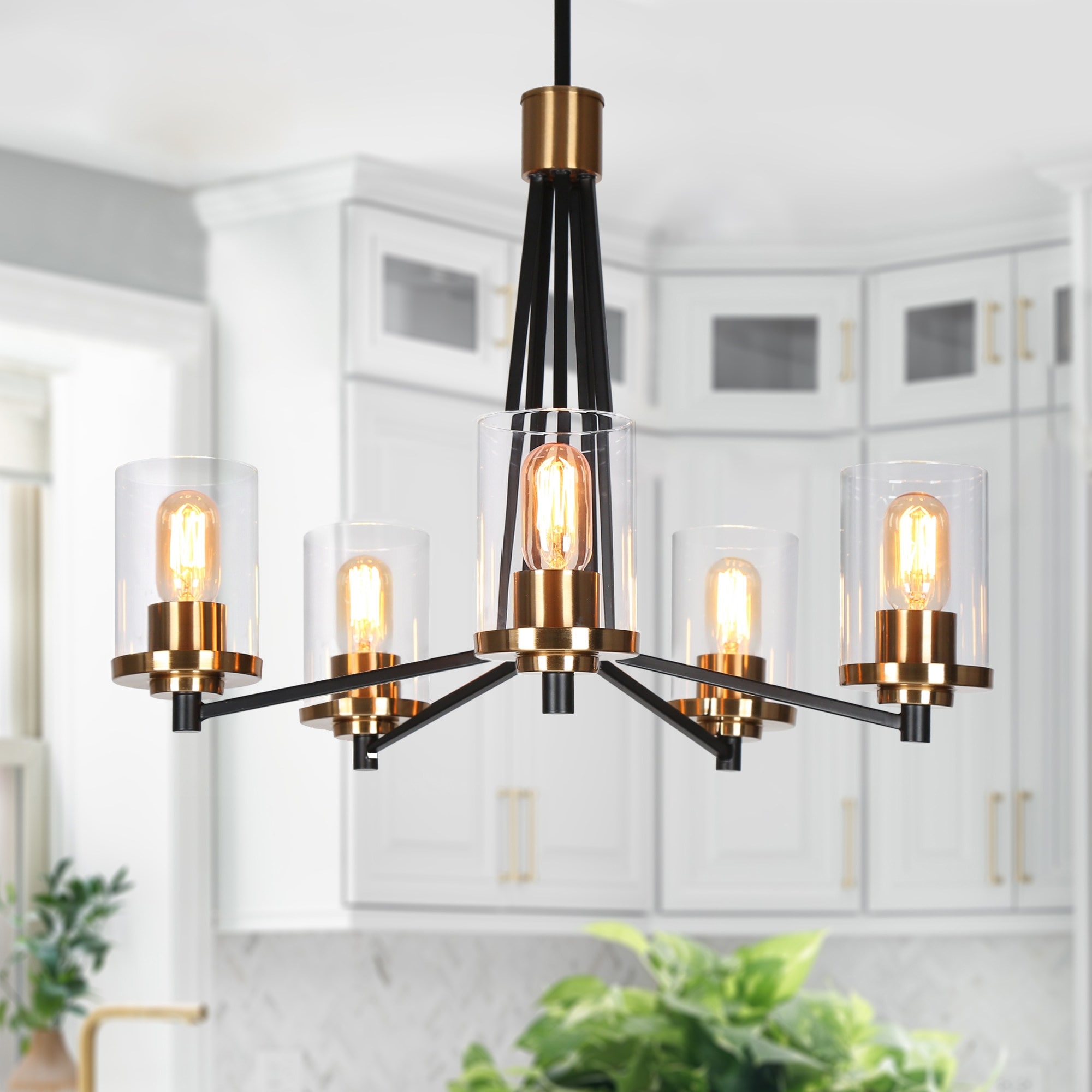 Modern Glam 5-Light Black Gold Cylinder Glass Chandelier for Dining ...
