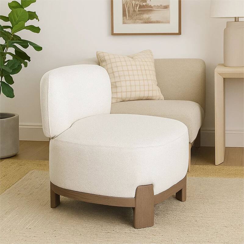 Dem Accent Chair, Armless Cream White Polyester Seat, Wood legs n Trim