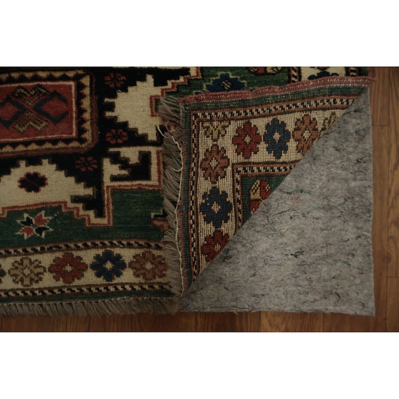 Hand Knotted Oriental 100% Wool Carpet Traditional Geometric Green Super Kazak Runner Rug - 9' 8'' X 2' 9''
