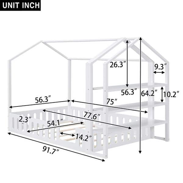 White Full Size Wood House Bed with Fence and Storage Shelves