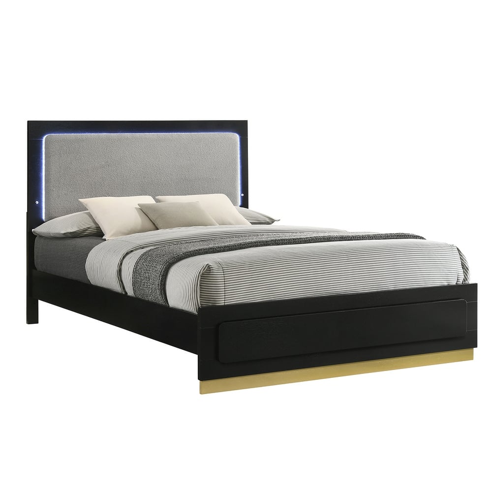 Upholstered Panel Bed with LED Lighting in Black and Light Gray