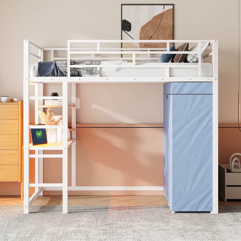 Space-Saving Loft Bed with Desk, Shelves, Power Outlet, LED Light, and Wardrobe
