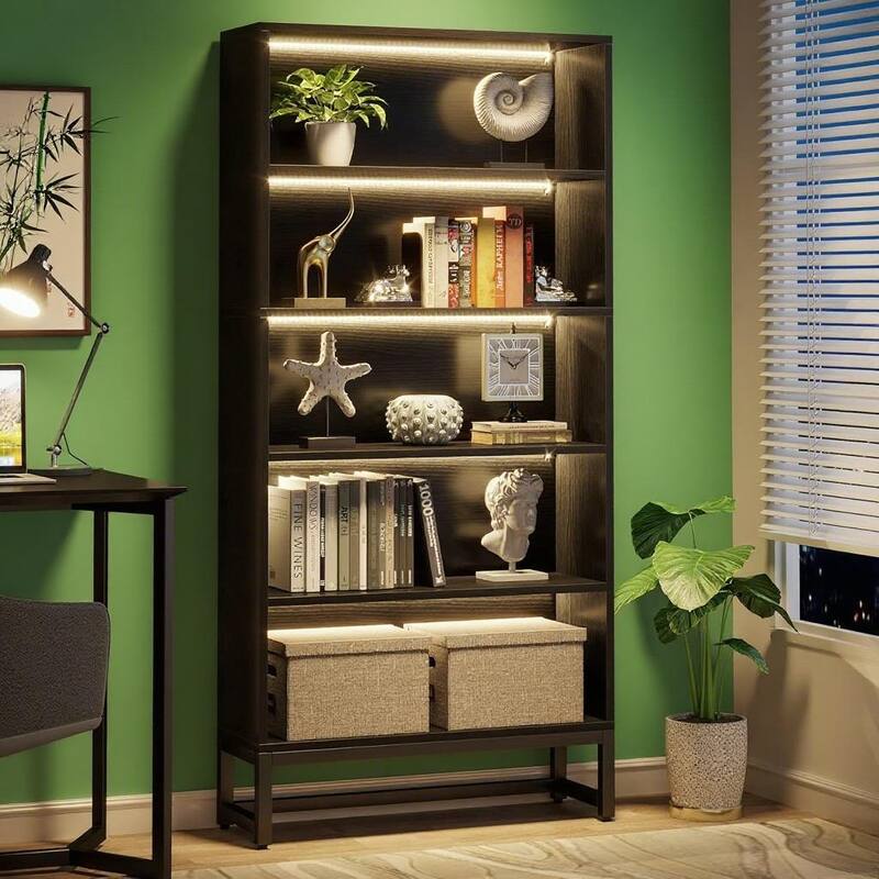 5-Tier Tall Bookshelf with LED Lights Adjustable Shelves Heavy Duty Metal Frame for Home Office Library Storage - Brown