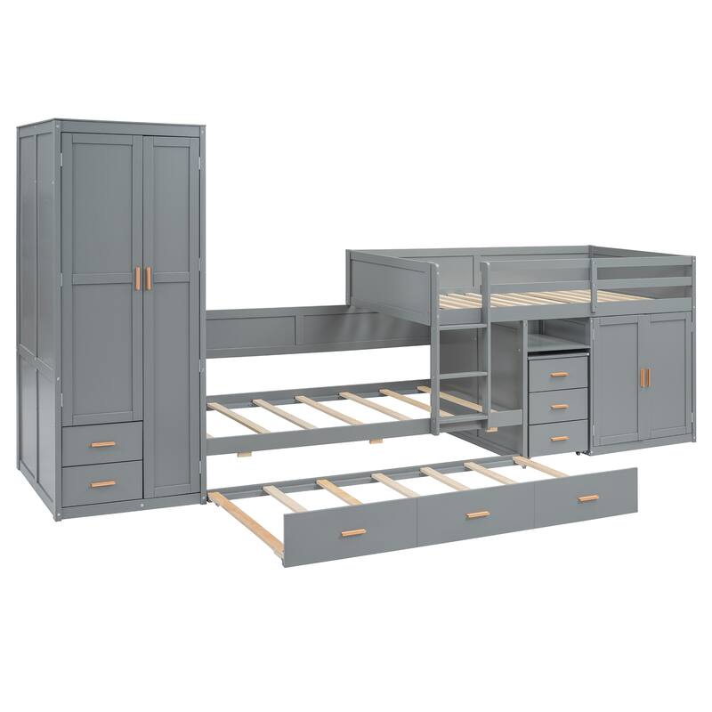Twin Wooden Bunk Bed with Trundle, and Wardrobe, Desk & 5 Drawers - Gray Plywood, 400lb Capacity