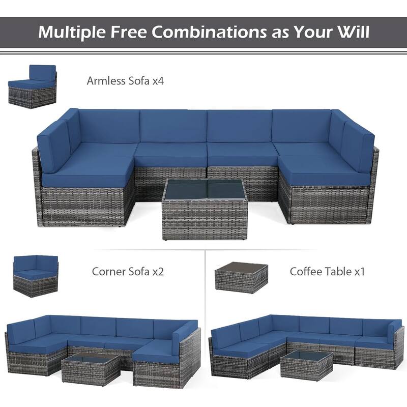 AECOJOY 7 Pieces Outdoor Sectional Sofa Wicker Rattan Conversation Set