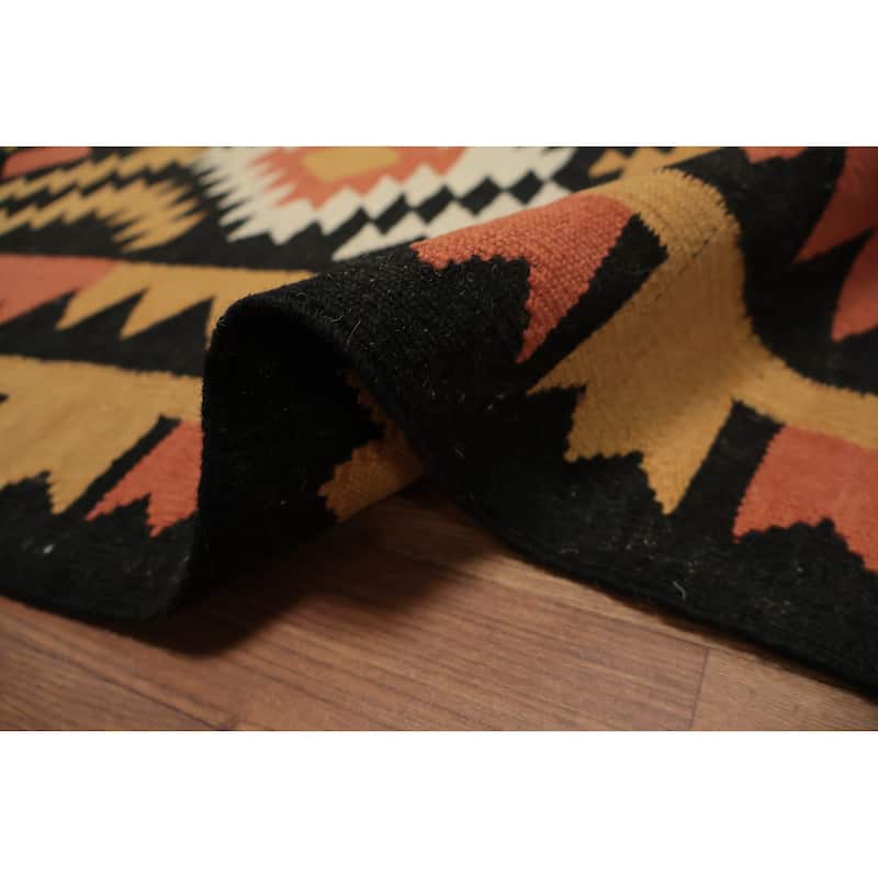 Hand Woven Oriental 100% Wool Carpet Southwestern Tribal Black Kilim Runner Rug - 9' 6'' X 3' 3''
