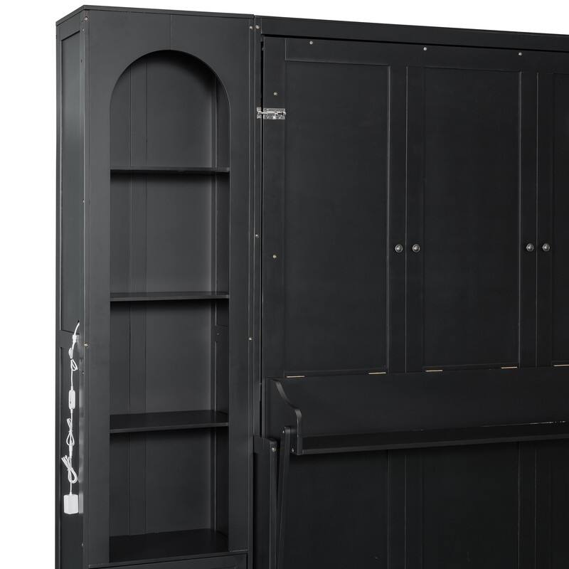 Queen Size Murphy Bed w/ Built-in Desk, 2 Arched Cabinets and 2 Drawers, Luxurious Folding Bed Frame w/ LED Light