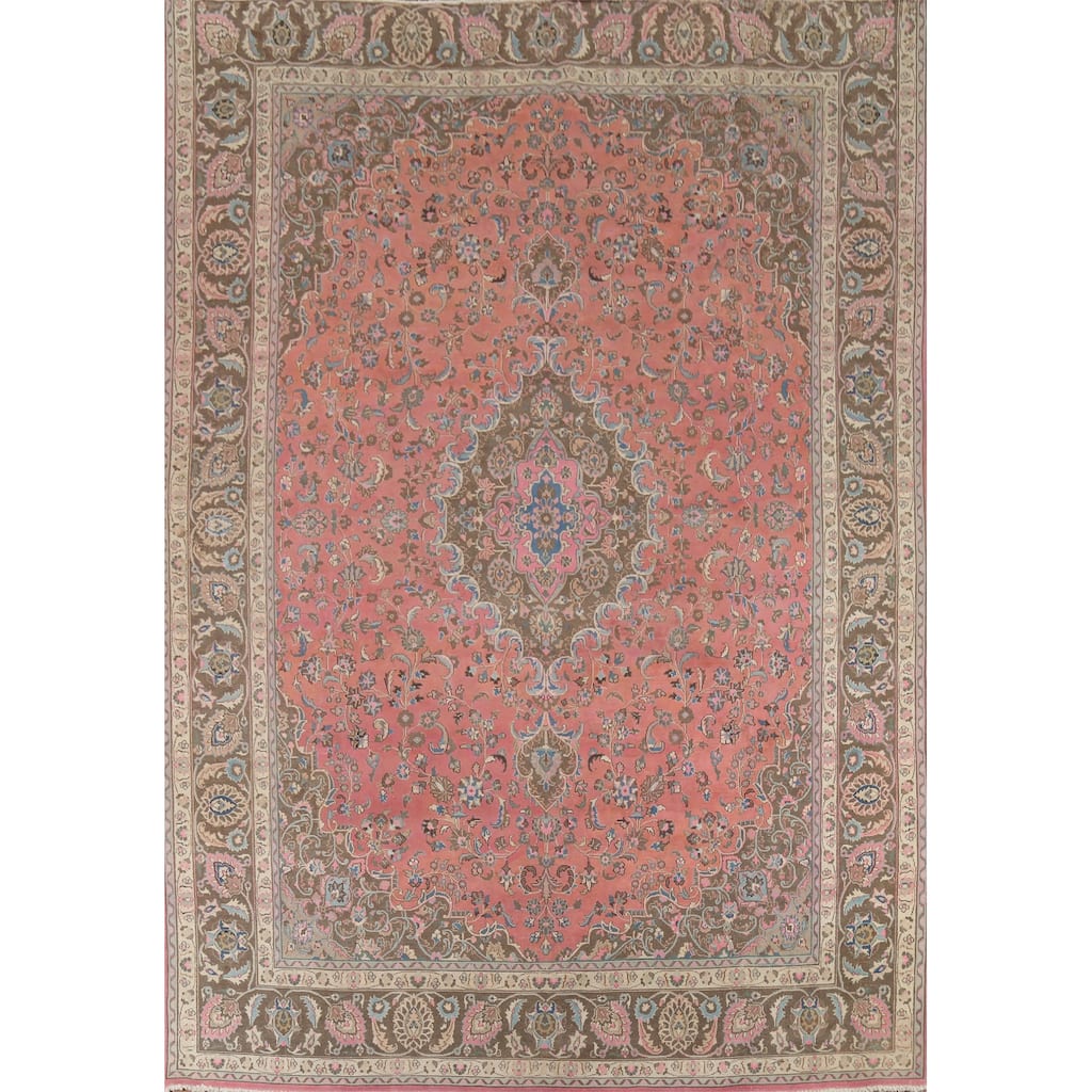 Traditional Pink Mashad Persian Vintage Rug Handmade Wool Carpet - 9'8"x 12'3"