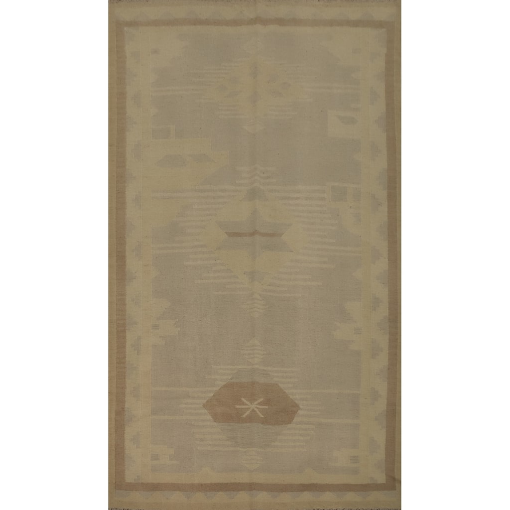 Hand Woven Oriental 100% Wool Carpet Southwestern Tribal Greys & Charcoal Kilim Area Rug - 8' 3'' X 4' 9''