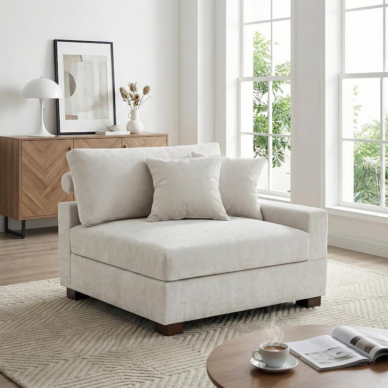 41" W Modern Chenille Corner Arm Accent Chair Sectional Module with Pillows - Right Facing - Off White