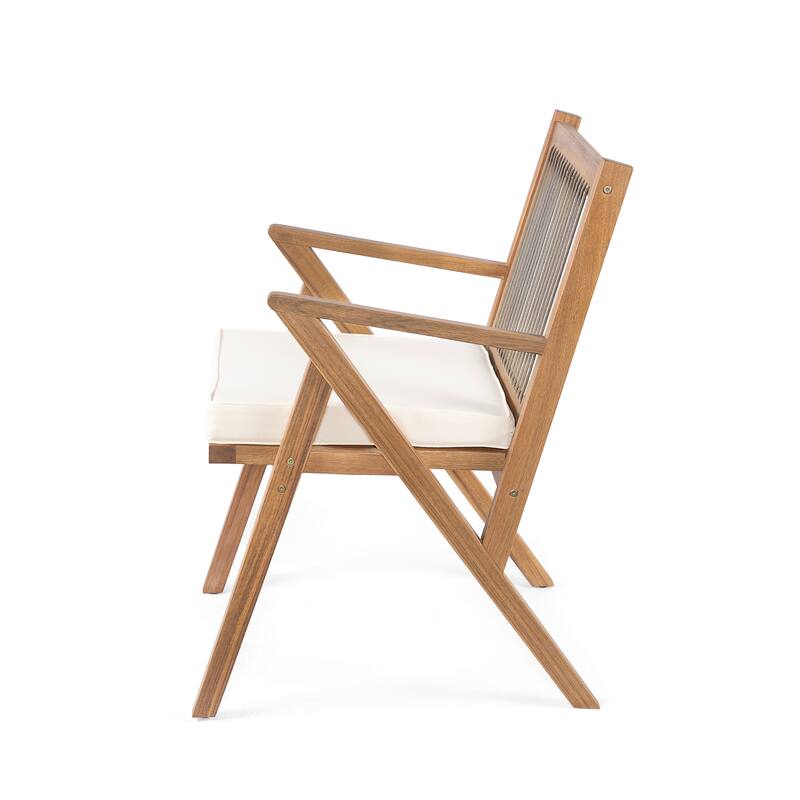 Roomfitters Outdoor Acacia Wood Dining Chairs with Woven Rope Back and Cushions, Teak Set of 2