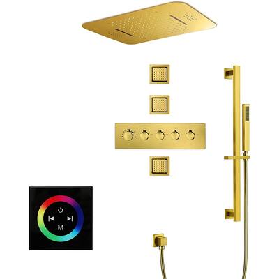 DeerCreek 23" Shower System- LED Music Railfall Waterfall Thermostatic Faucet Slide Bar Jets - PG 3 - Polished Gold