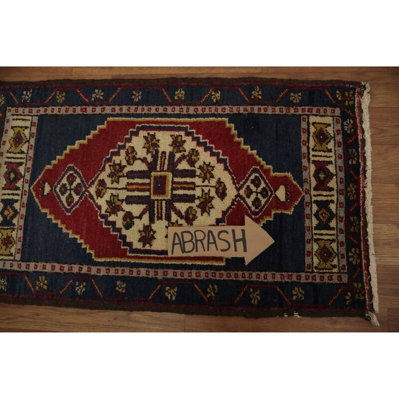 Hand Knotted Oriental 100% Wool Carpet Transitional Geometric Navy Blue & Blues Anatolian Area Rug - 2' 10'' X 1' 9''