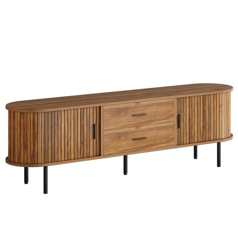 70.87" Walnut Mid-Century Modern Fluted TV Stand with Tambour Sliding Doors for Living Room