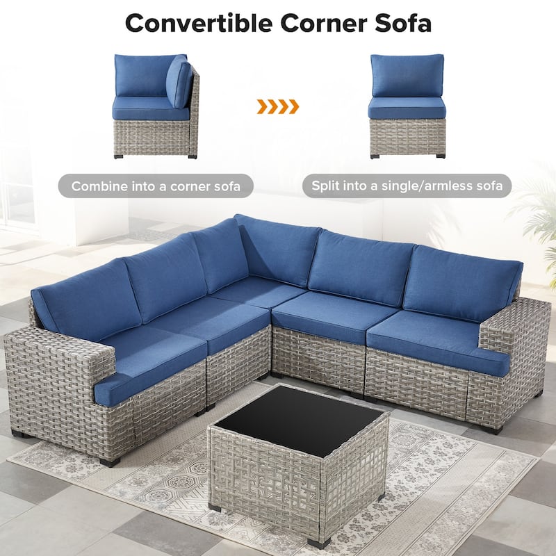 Gymojoy Outdoor Wicker Sectional Sofa Set with Glass Table, Wide Armrests & Water-resistant Cushions, Patio Furniture for Garden