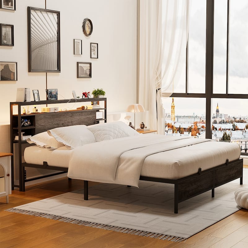 Bed Frame with Charging Station and RGB LED Lights, Sturdy Platform Bed with Storage Headboard,