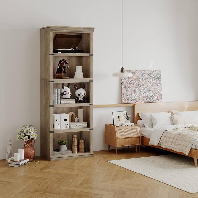 5 Tier Bookcase, Freestanding Wooden Bookshelf Storage Organizer Display Shelf
