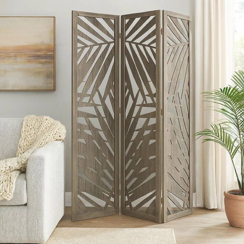 3 Panel Wooden Screen with Laser Cut Tropical Leaf Design, Gray