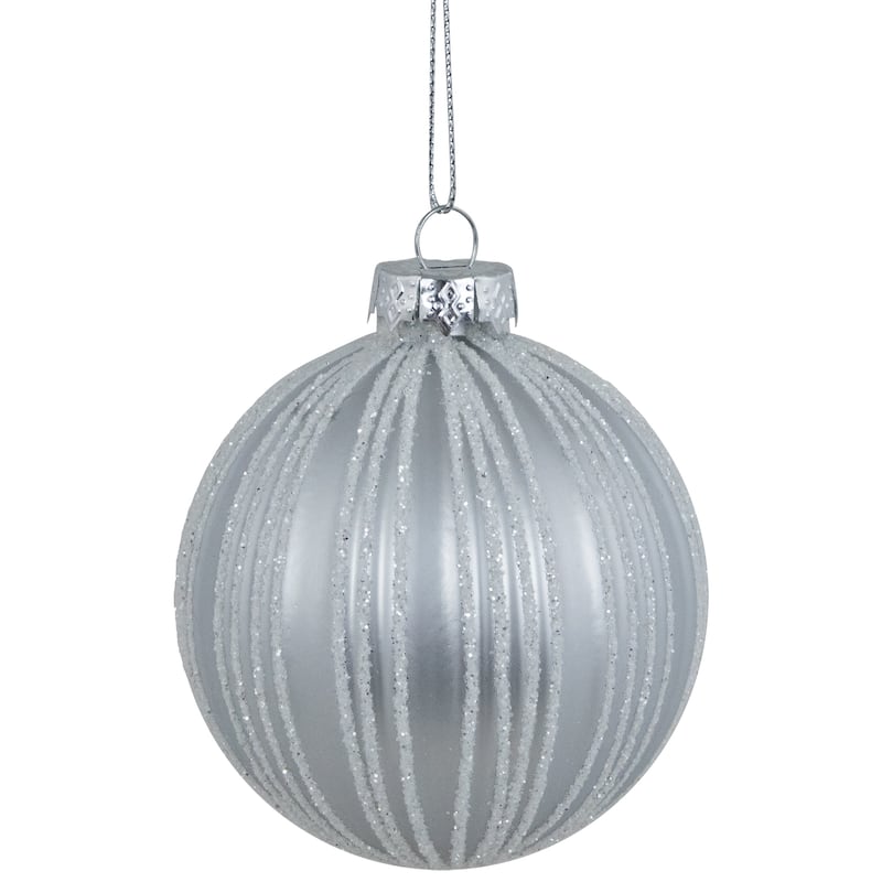 4ct Silver and White Glitter Striped Glass Ball Christmas Ornaments 3"
