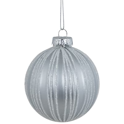 4ct Silver and White Glitter Striped Glass Ball Christmas Ornaments 3"