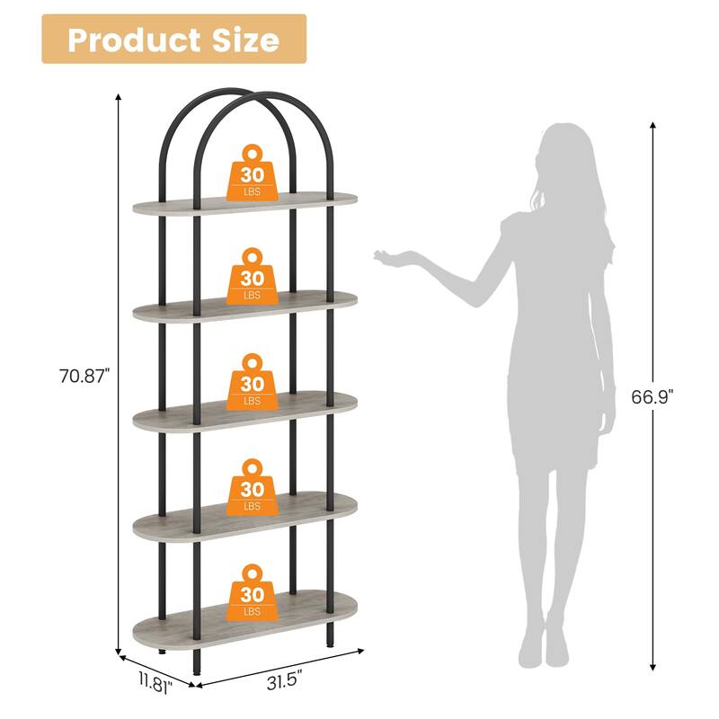 71" Bookshelf 5 Tier Bookcase Arched Display Racks Tall Bookshelf Freestanding Open Storage Shelf