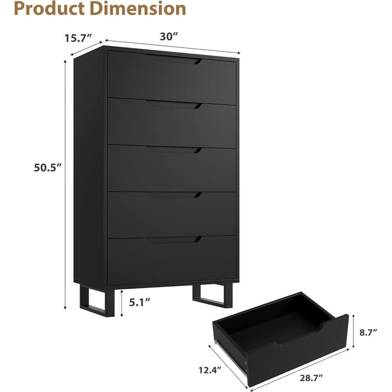 5-Drawer Dresser for Bedroom, 50" Tall Freestanding Vertical Wooden Chest Storage