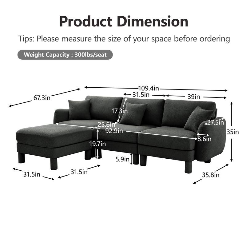 109.4" 3-Seater Modern Upholstered Sofa Couch, Deep-Seat Sectional Sofa with Shell-Shaped Armrests, Leisure Sofa for Living Room