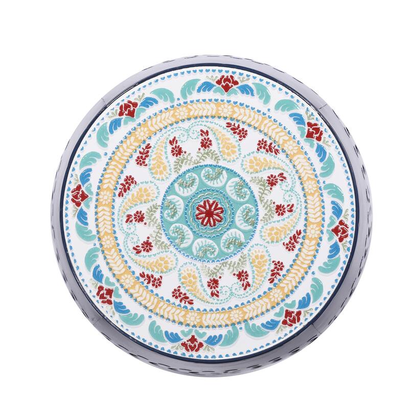 18.25" Modern Round Side Table with Boho Pattern Ceramic Tile Top and Unique Color Iron Frame
