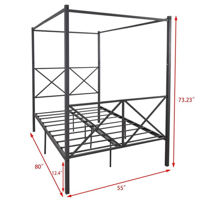Metal Canopy Bed Frame, Platform Bed Frame with X Shaped Frame Black