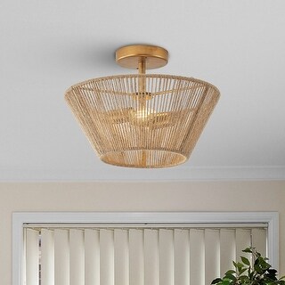 2-Light Bohemian Gold Woven Rope Semi-Flush Mount Ceiling Light - On