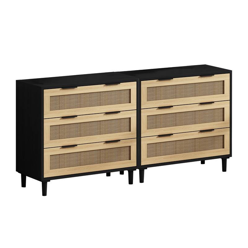 Rattan 3-Drawers Buffet Storage Cabinet (Set of 2)