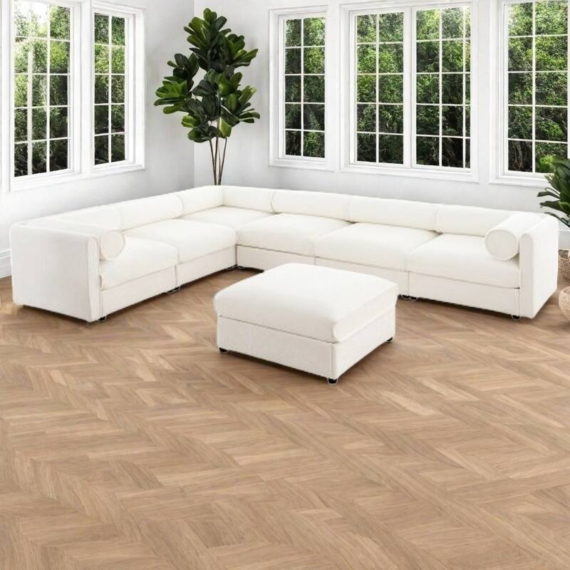 Modern Chenille 6-Seater Sofa with Ottoman Storage, Hidden Storage, Cylindrical Cushioned Arms and Backrest - 6 Seater with Ottoman White