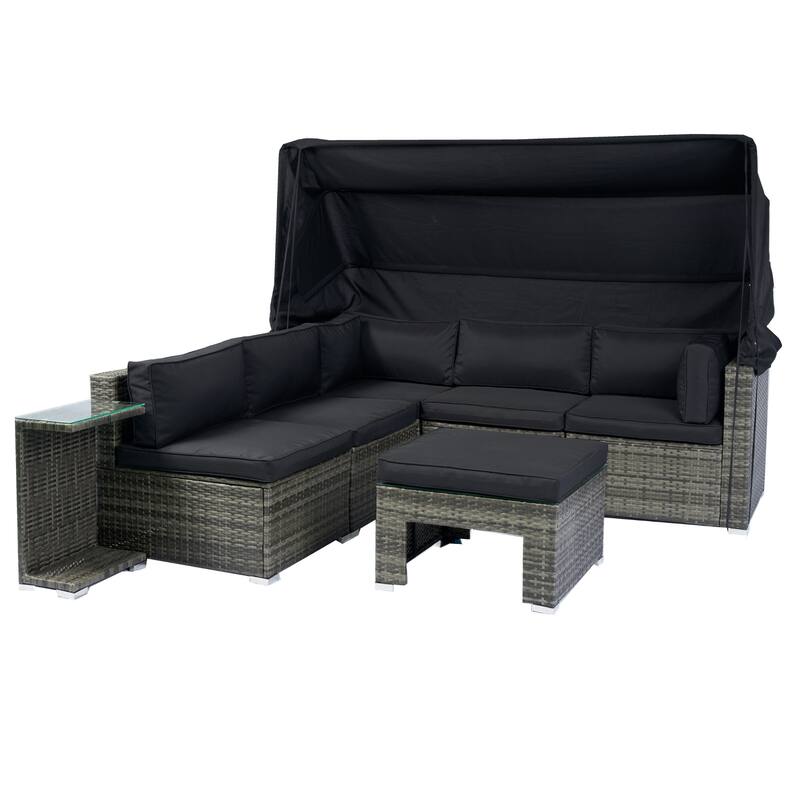 7 Piece Patio Furniture Set, Outdoor Rattan Sectional Sofa Set with Retractable Canopy, Cushions and Coffee Table