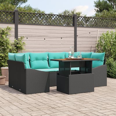 vidaXL 7 Piece Garden Sofa Set with Cushions Black Poly Rattan - 92.1×48.6×27.2