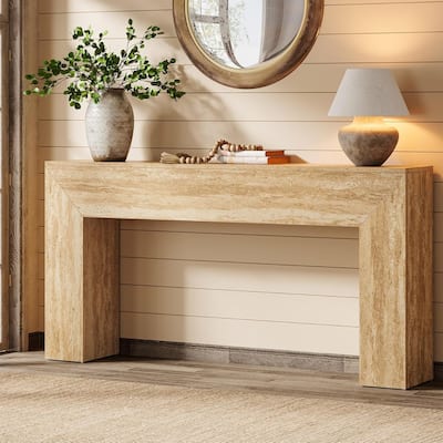 63" Modern Entryway Table with Faux Travertine Finish and Heavy Duty Legs